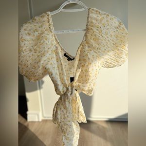 Ivory Floral Print Puff Sleeve Wrap Crop Top